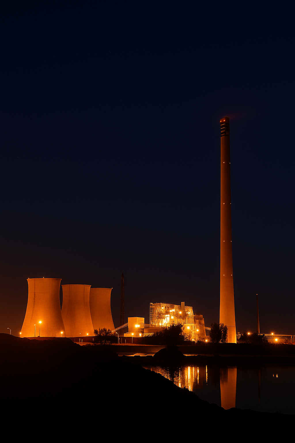 Vista nocturna de la Central Térmica de Andorra iluminada antes de su demolición, emblema de la energía en Aragón durante décadas.