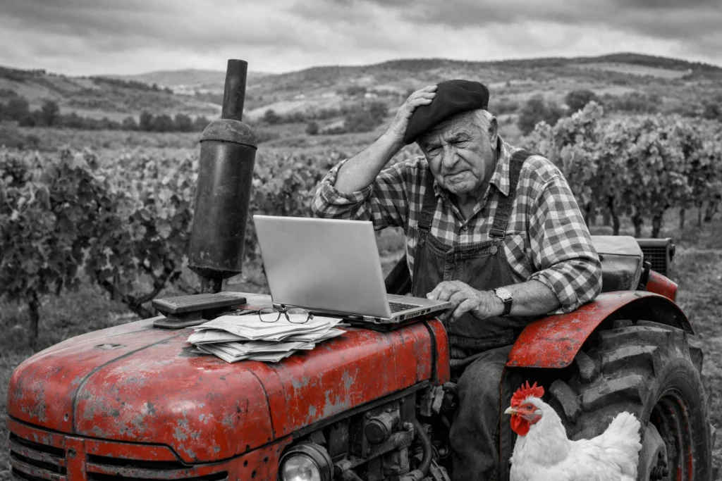 Agricultor con boina trabajando en un tractor rojo con un ordenador portátil en el campo, imagen sobre burocracia y digitalización rural