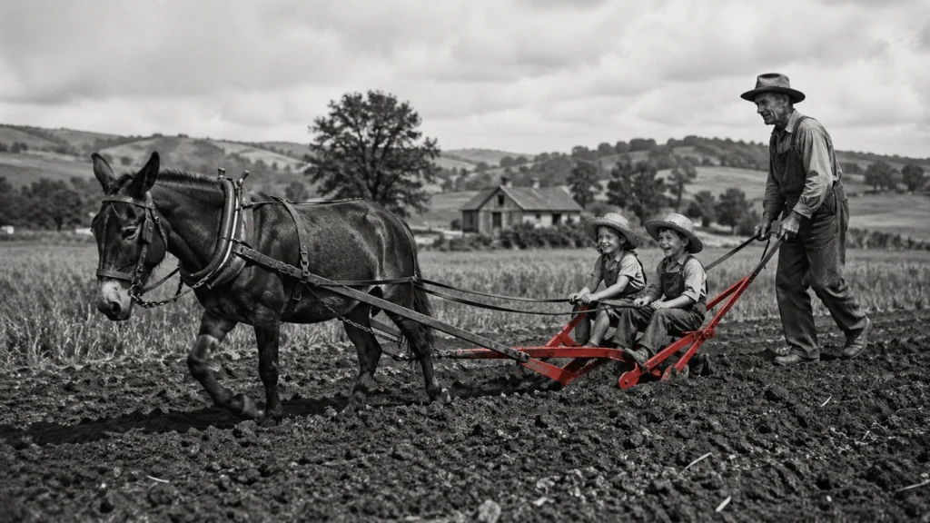 agricultor tradicional con burro y apero con niños labrando campo en España rural