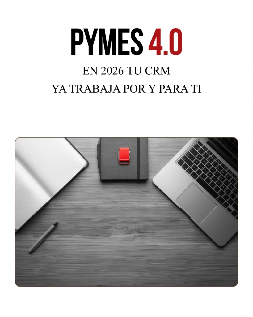 Escritorio de trabajo con portátil, cuaderno y elemento rojo destacado, escena sobre digitalización y gestión empresarial en pymes | Automatización con IA para PYMES 4.0