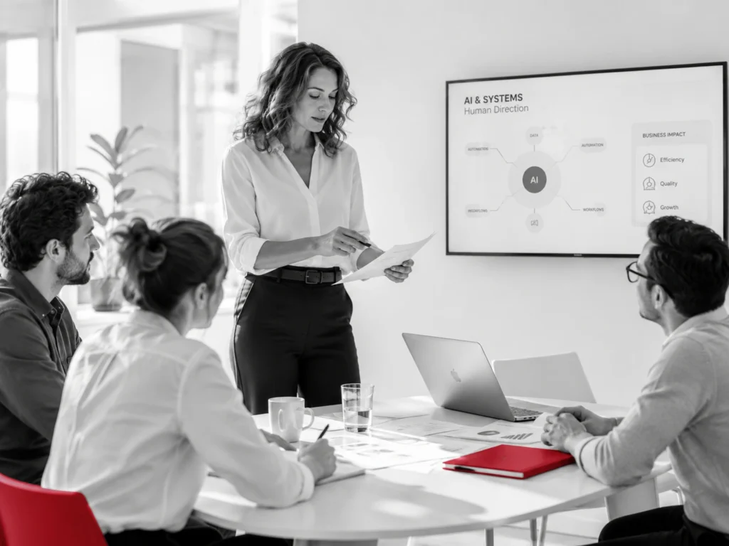 En 2026 el reto de la IA aplicada al negocio es integrarla y dirigirla 1 Reunión de trabajo sobre integración de IA en empresas, con una profesional dirigiendo la conversación ante un equipo y un sistema visual en pantalla. IA aplicada al negocio