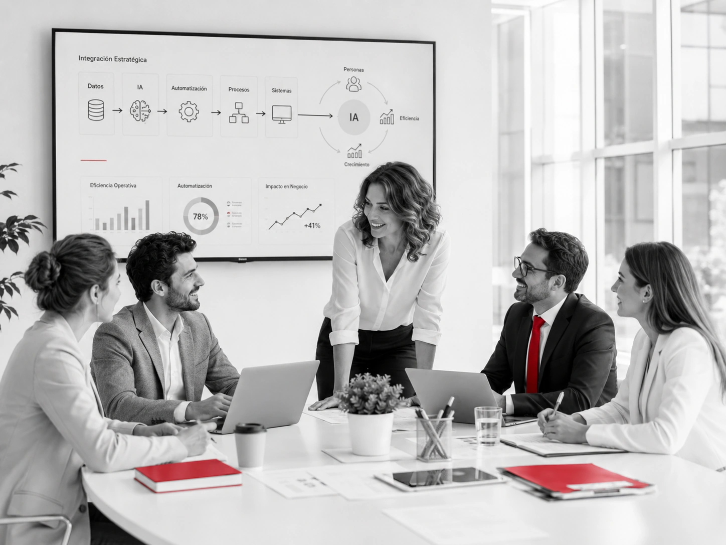 Reunión de trabajo sobre integración de IA en empresas, con una profesional dirigiendo la conversación ante un equipo y un sistema visual en pantalla. IA aplicada al negocio